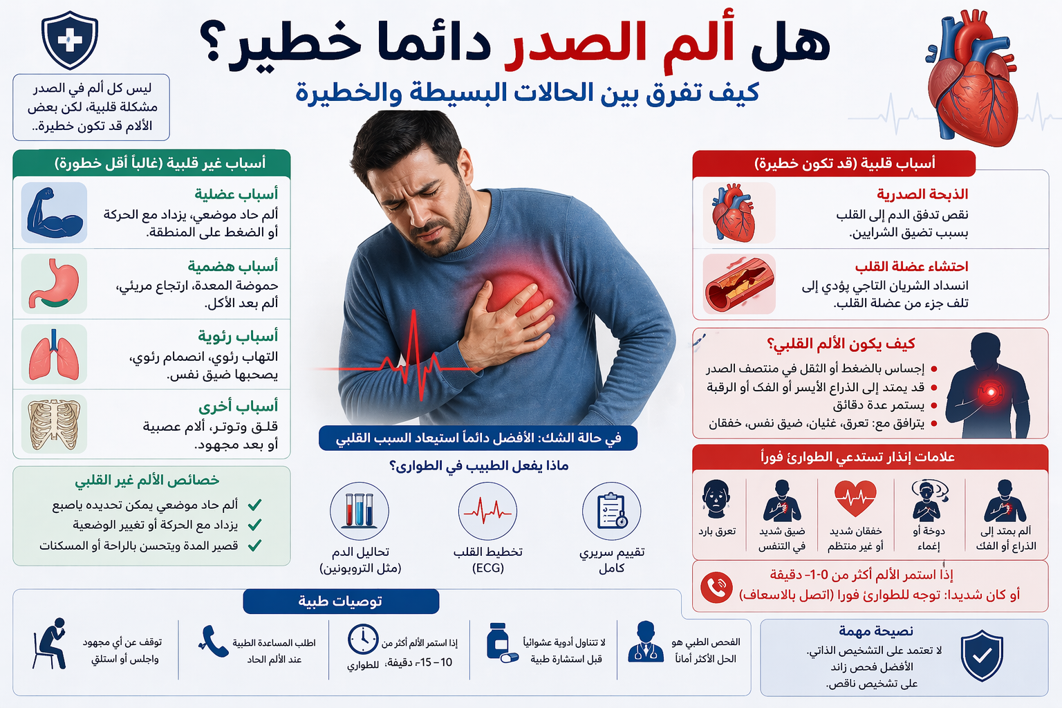 ألم الصدر وأعراض الجلطة القلبية وعلامات الخطر التي تستدعي التوجه للطوارئ