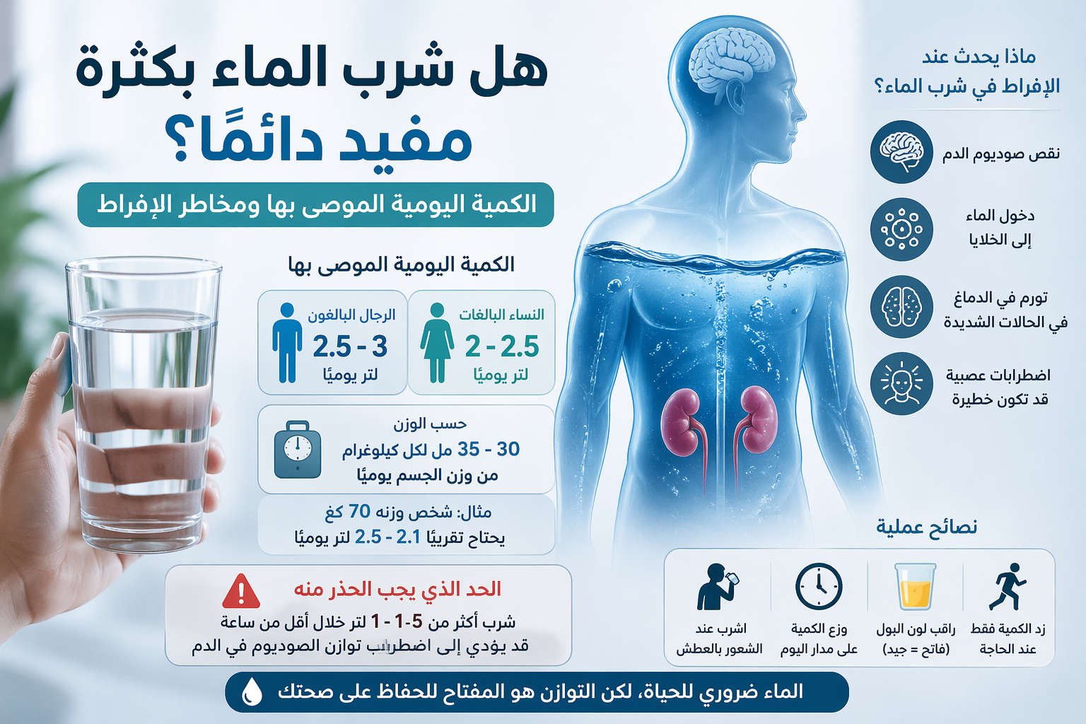 الكمية اليومية الموصى بها من الماء حسب الوزن وتأثير الإفراط في شرب الماء